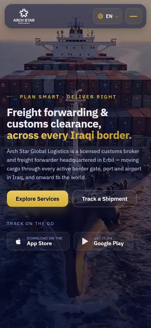 Arch Star Logistics website — 5-language global logistics web design in English, Arabic, Kurdish, Turkish and Persian by Vorel, Erbil — mobile view