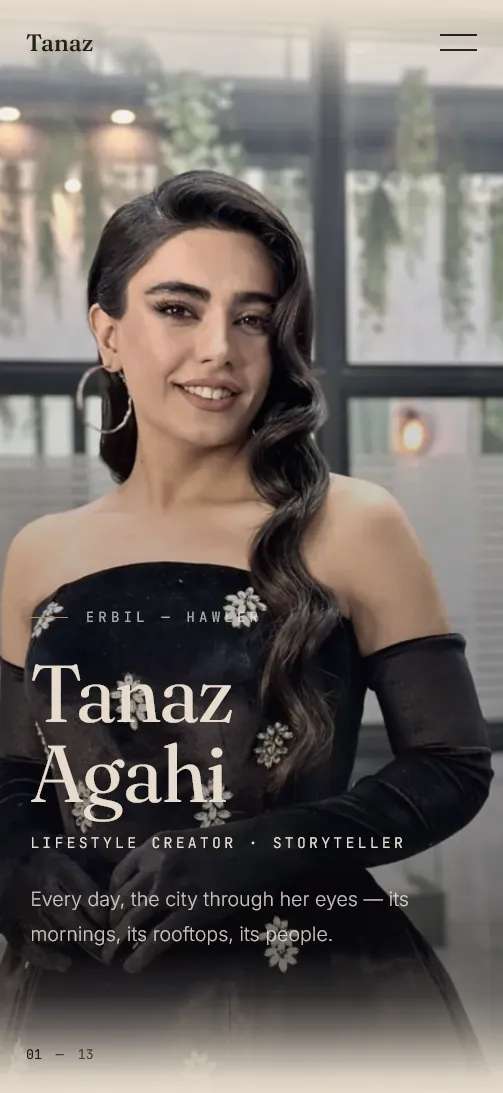 TanazAgahi website — personal brand and creator portfolio web design by Vorel, Erbil — mobile view