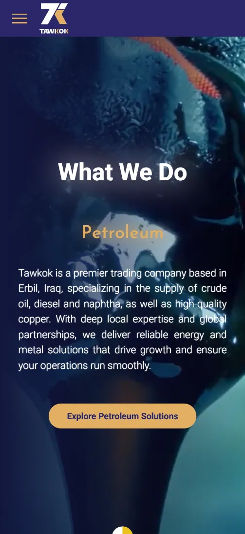 Tawkok website — fuel and metals web design by Vorel, Erbil — mobile view