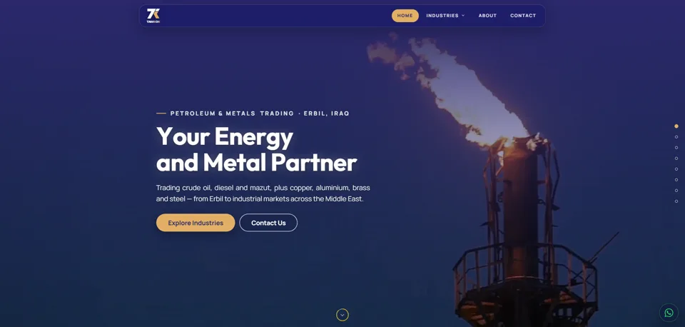 Tawkok petroleum and metals trading website — cinematic full-page site rebuilt by Vorel, Erbil